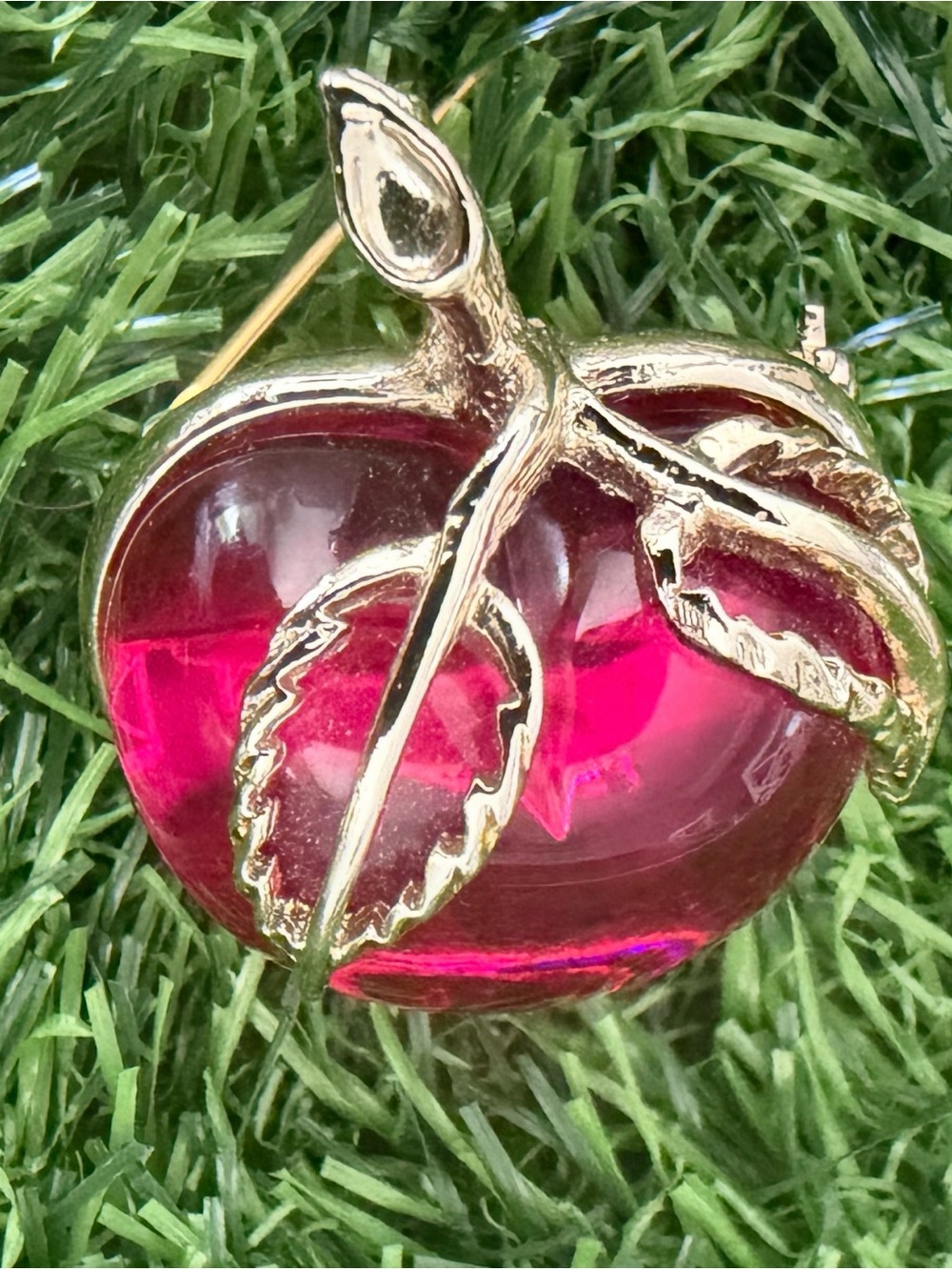 Vintage Silver-Tone Pink Glass Cherry Brooch. Sarah Coventry brand.